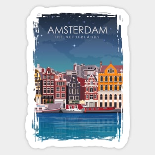 Amsterdam The Netherlands Travel Poster at Night Sticker